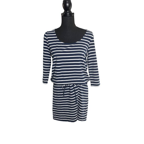 HIHO Women's Navy-Blue & White Stripe Drawstring Waist Mini Tee Shirt Dress S - Picture 1 of 9